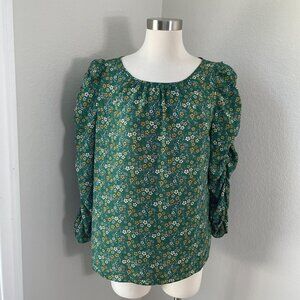 Max Studio Womens Large‎ Floral Puff Ruched Sleeve Top Green Yellow Blouse Shirt